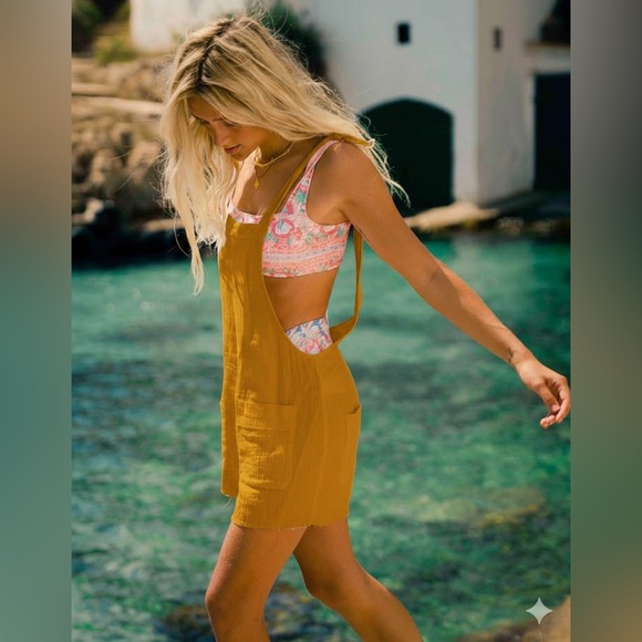 Billabong Pants - Billabong• Girl On The Run Mustard Yellow Short Overalls